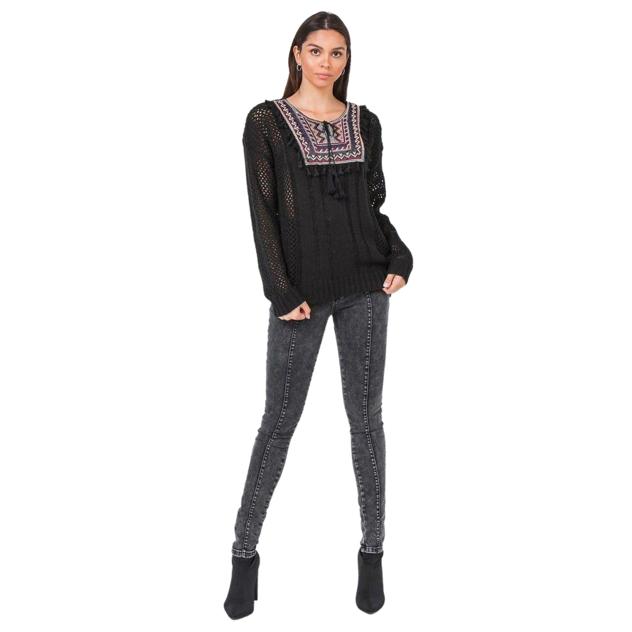 Women's Boho Bliss Embroidered Waffle Knit Sweater
