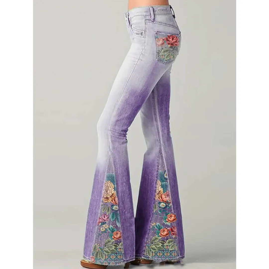 Women's Boho Chic Floral Detail Pants | Flared