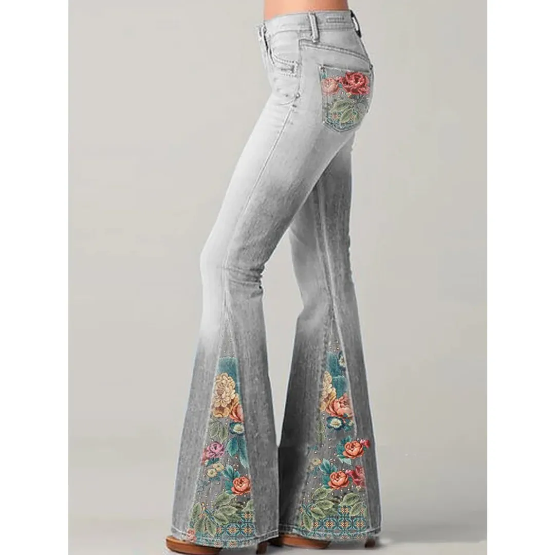 Women's Boho Chic Floral Detail Pants | Flared