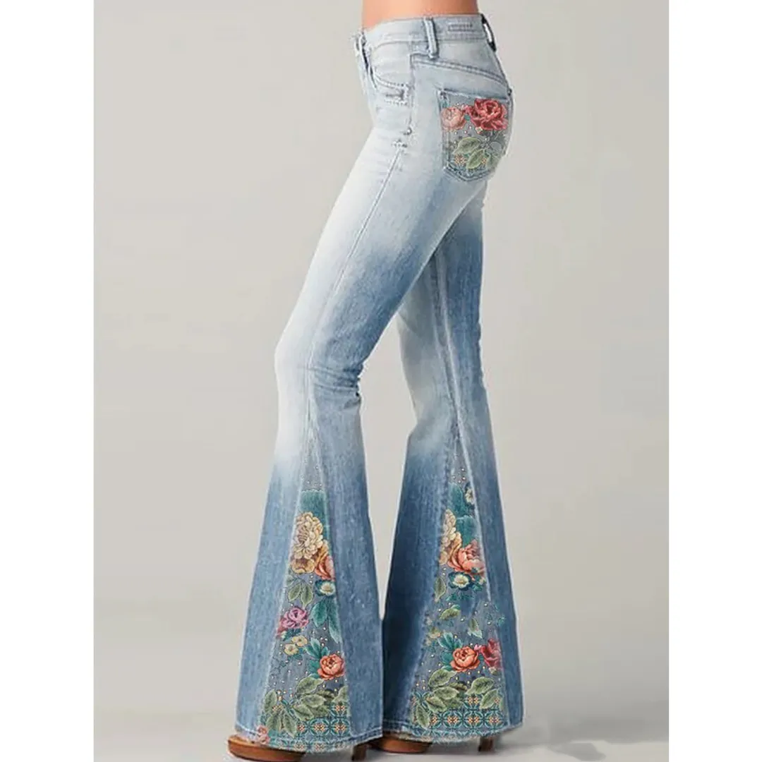 Women's Boho Chic Floral Detail Pants | Flared