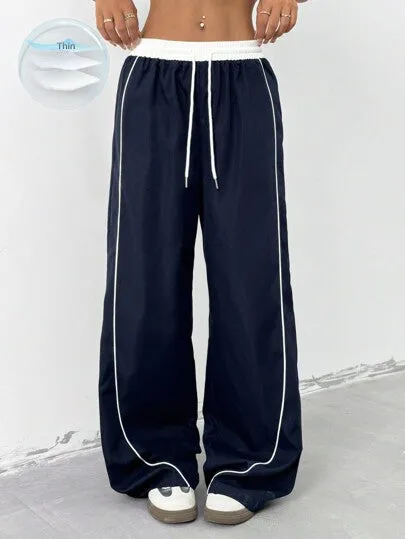 Women's Contrast Color Wide-Leg Pants | Drawstring Waist Loose Casual Trousers