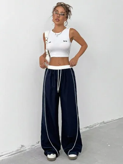 Women's Contrast Color Wide-Leg Pants | Drawstring Waist Loose Casual Trousers