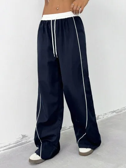 Women's Contrast Color Wide-Leg Pants | Drawstring Waist Loose Casual Trousers