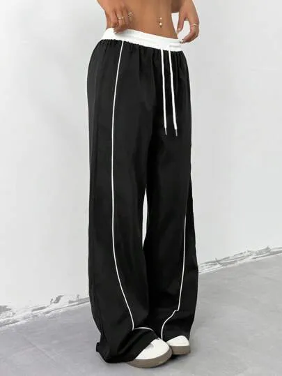 Women's Contrast Color Wide-Leg Pants | Drawstring Waist Loose Casual Trousers