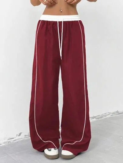 Women's Contrast Color Wide-Leg Pants | Drawstring Waist Loose Casual Trousers