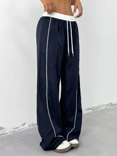 Women's Contrast Color Wide-Leg Pants | Drawstring Waist Loose Casual Trousers