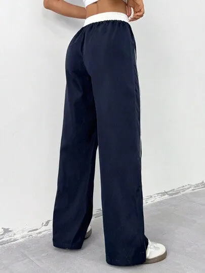 Women's Contrast Color Wide-Leg Pants | Drawstring Waist Loose Casual Trousers