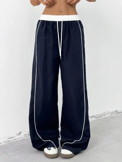Women's Contrast Color Wide-Leg Pants | Drawstring Waist Loose Casual Trousers