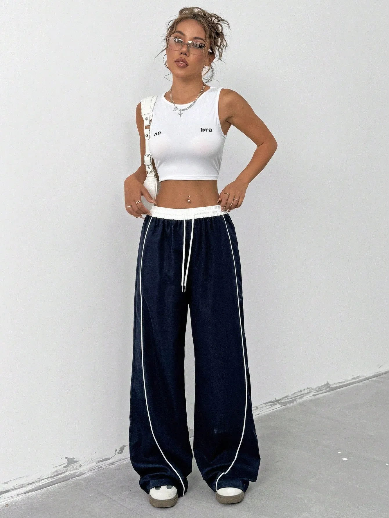Women's Contrast Color Wide-Leg Pants | Drawstring Waist Loose Casual Trousers