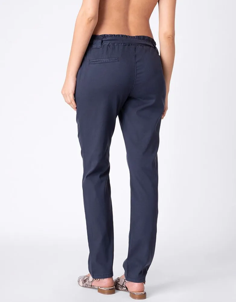 Women's Cotton Blend Navy Blue under the bump Maternity Chinos with tie belt - Seraphine
