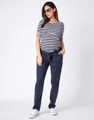 Women's Cotton Blend Navy Blue under the bump Maternity Chinos with tie belt - Seraphine