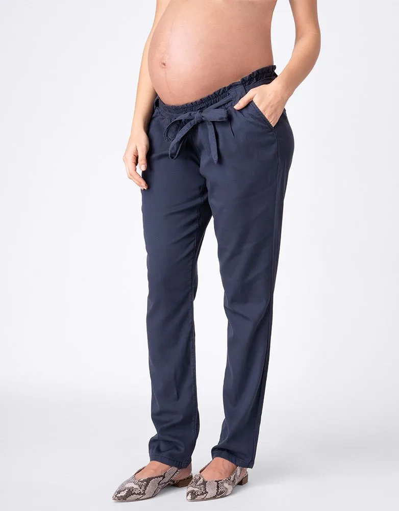 Women's Cotton Blend Navy Blue under the bump Maternity Chinos with tie belt - Seraphine