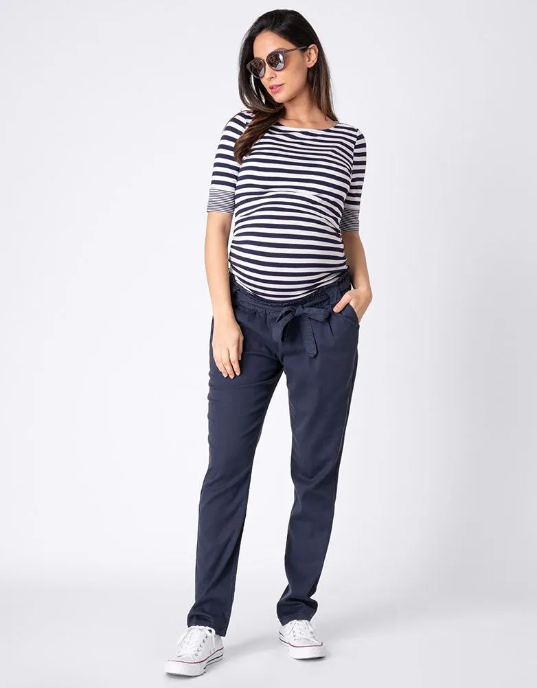 Women's Cotton Blend Navy Blue under the bump Maternity Chinos with tie belt - Seraphine