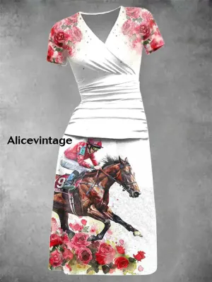 Women's Derby Rose Art Print Short Sleeve Vintage Midi Dress