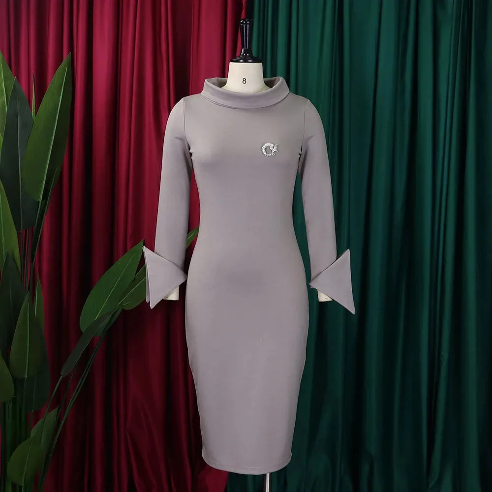 Women's Elegant Knee-Length Dress with Half High Collar