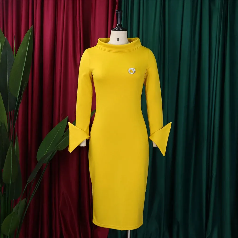 Women's Elegant Knee-Length Dress with Half High Collar