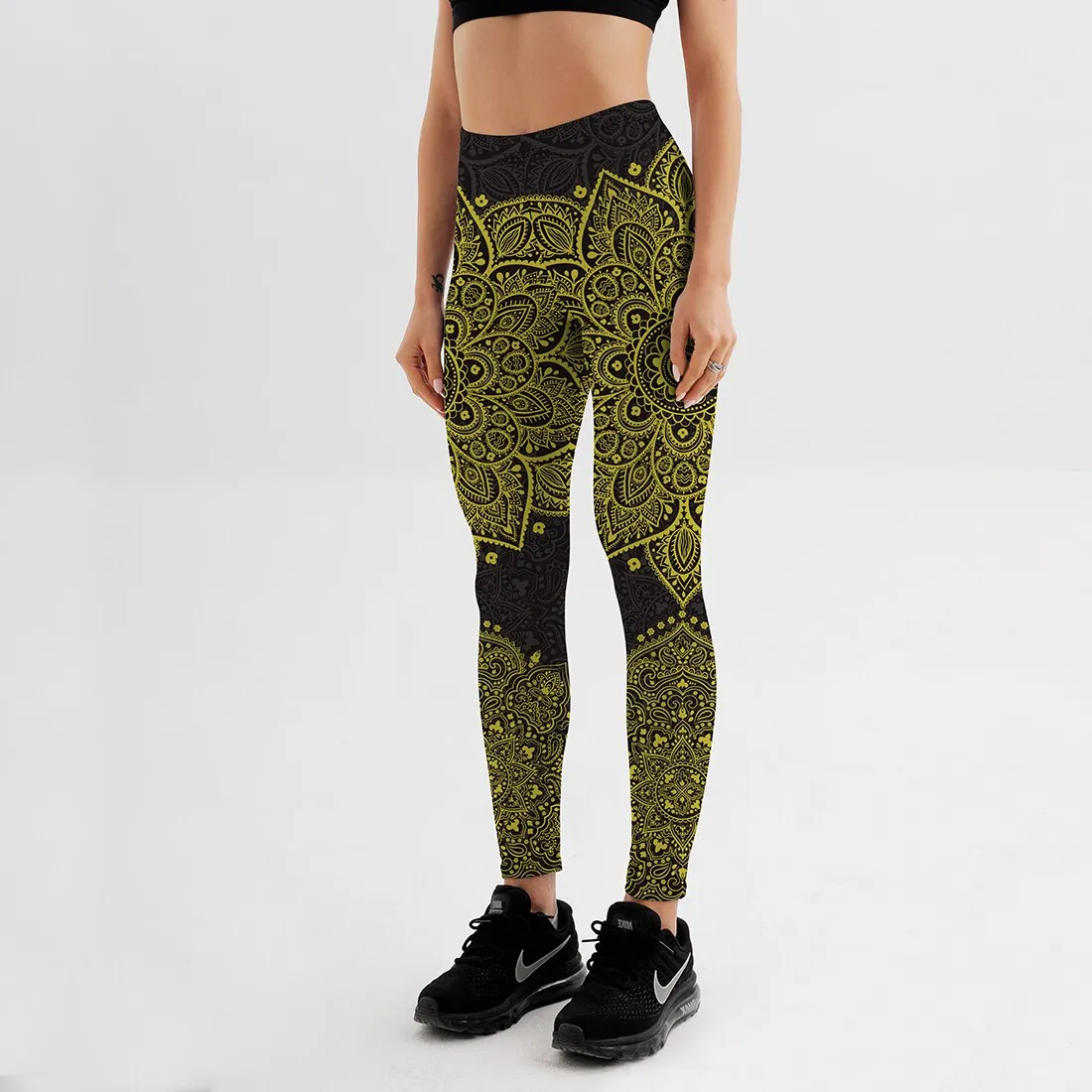 Women's Leggings Yellow Black Mandala Floral Printed Workout Fitness Activewear