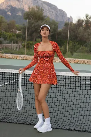 Women’s Long Sleeve Sport Dress with Built-in Shorts – Tribal Dot Print Activewear