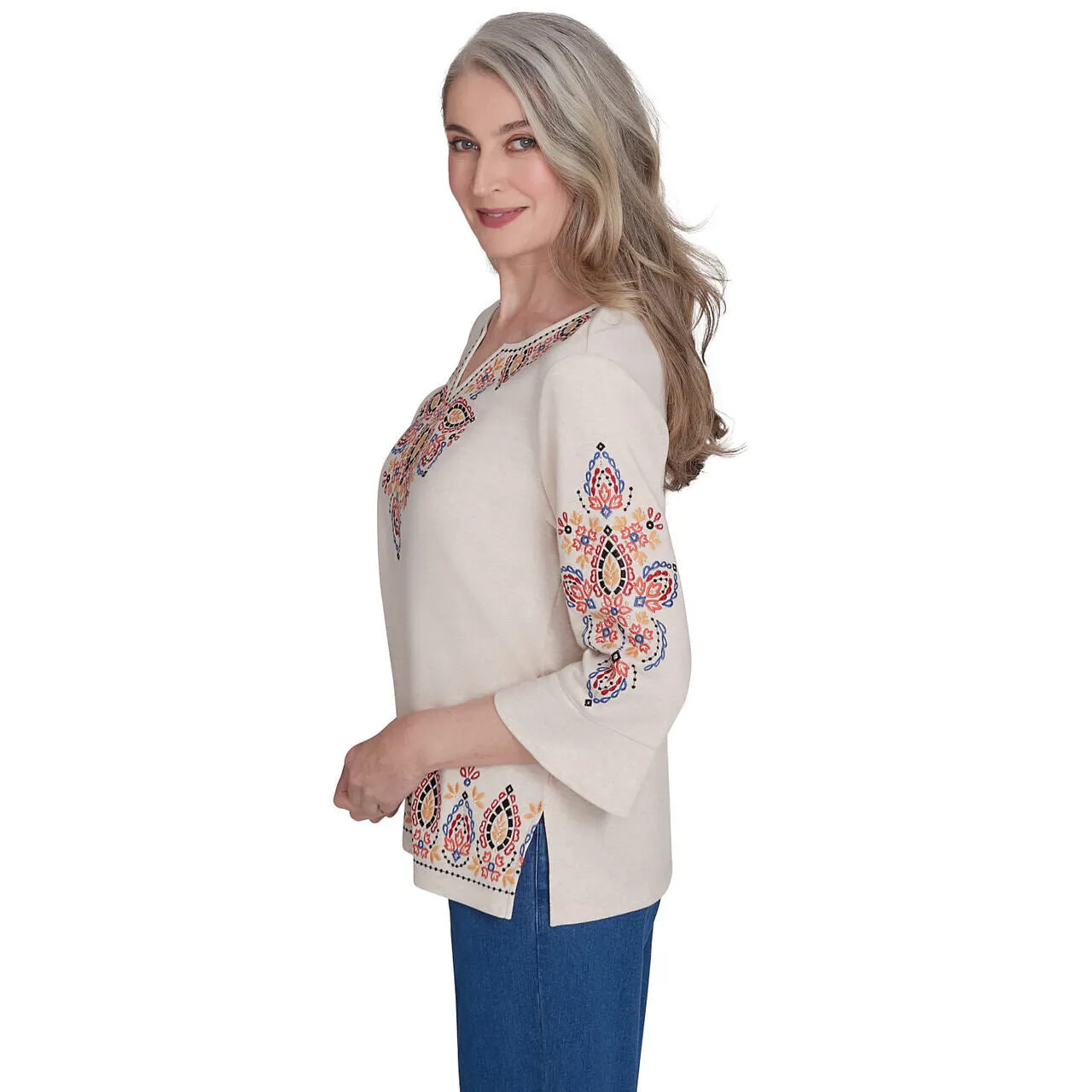 Women's Medallion Embroidered Flutter Sleeve Top - 74453