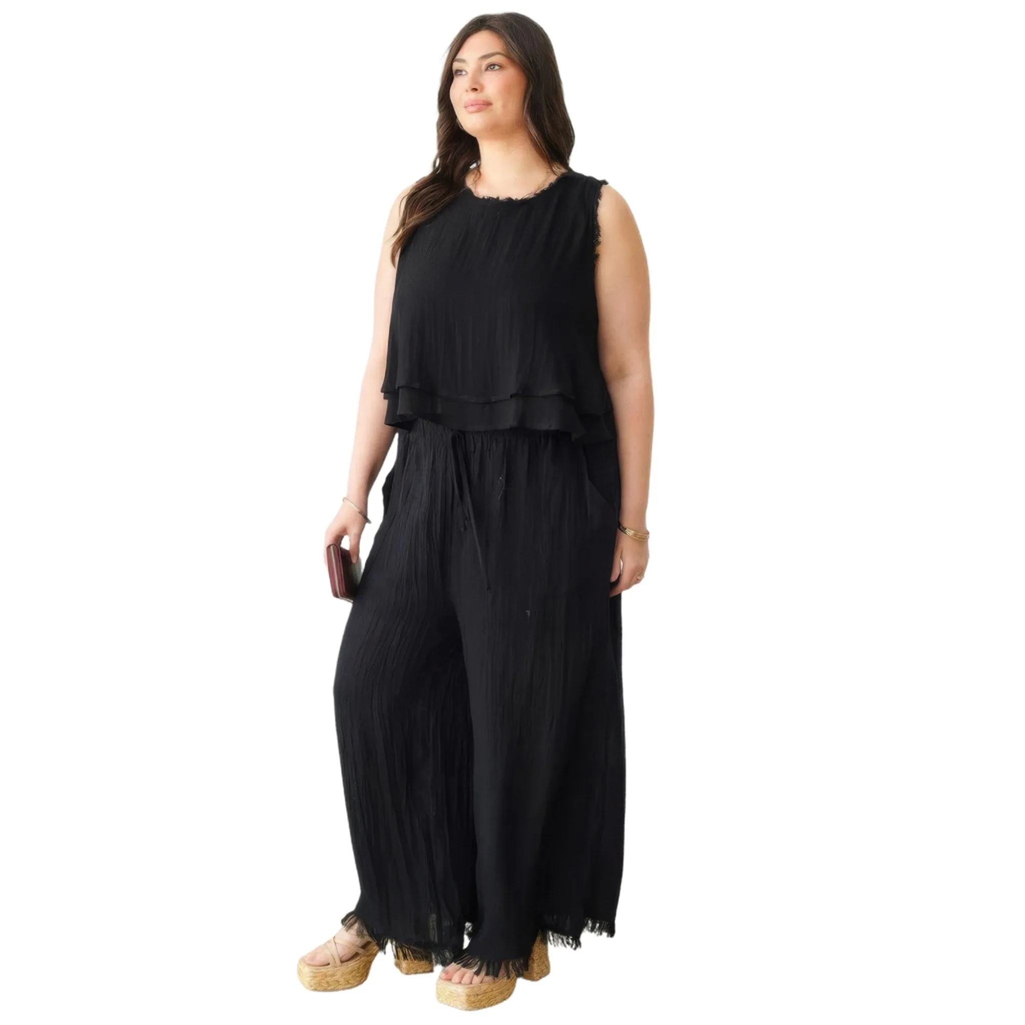 Women's Plus Size Frayed Hem Sleeveless Tiered Top