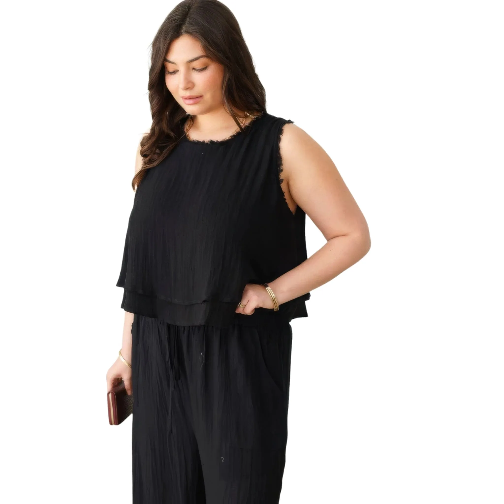 Women's Plus Size Frayed Hem Sleeveless Tiered Top