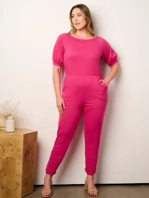 WOMEN'S SHORT SLEEVE ELASTIC WAIST POCKETS JUMPSUIT