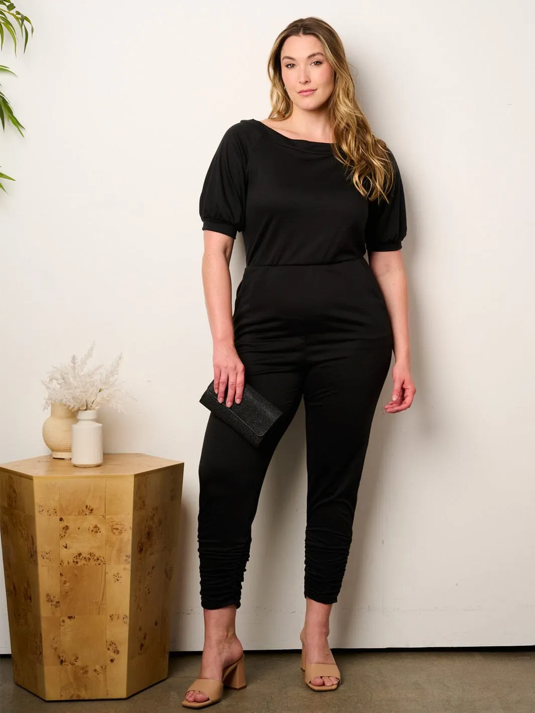 WOMEN'S SHORT SLEEVE ELASTIC WAIST POCKETS JUMPSUIT