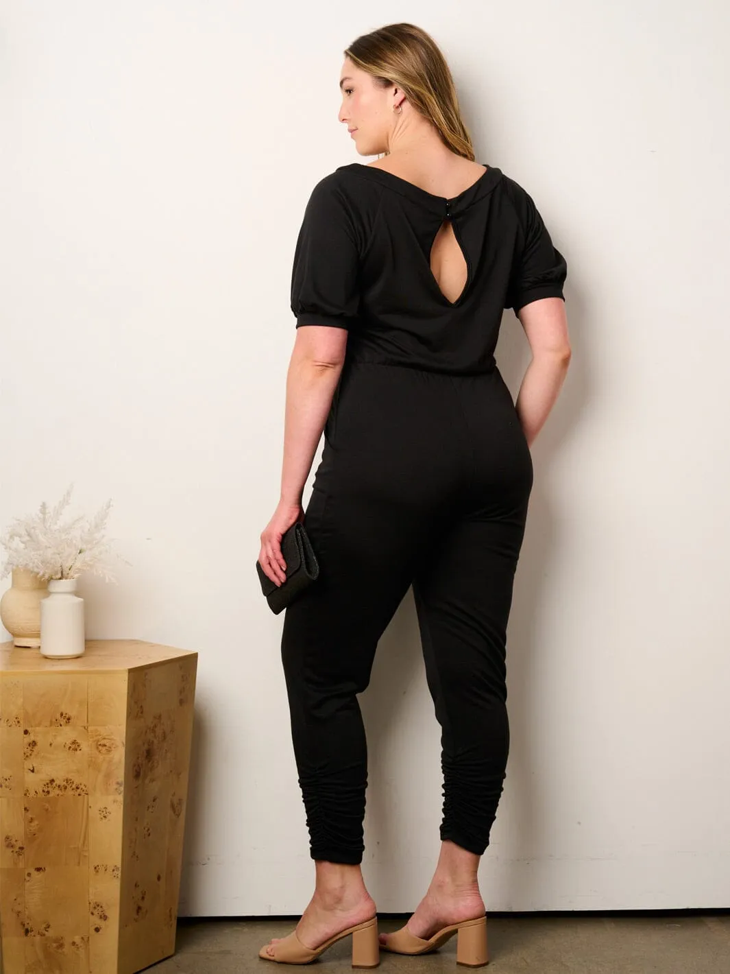 WOMEN'S SHORT SLEEVE ELASTIC WAIST POCKETS JUMPSUIT