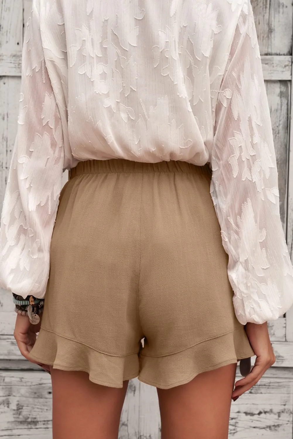 Women's Summer Khaki Pocketed Flutter Linen Cotton Shorts