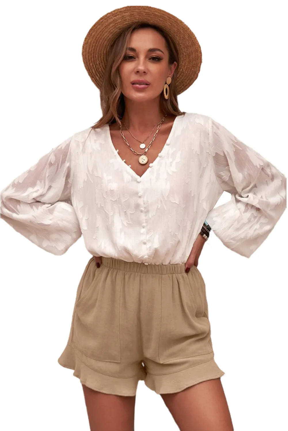 Women's Summer Khaki Pocketed Flutter Linen Cotton Shorts