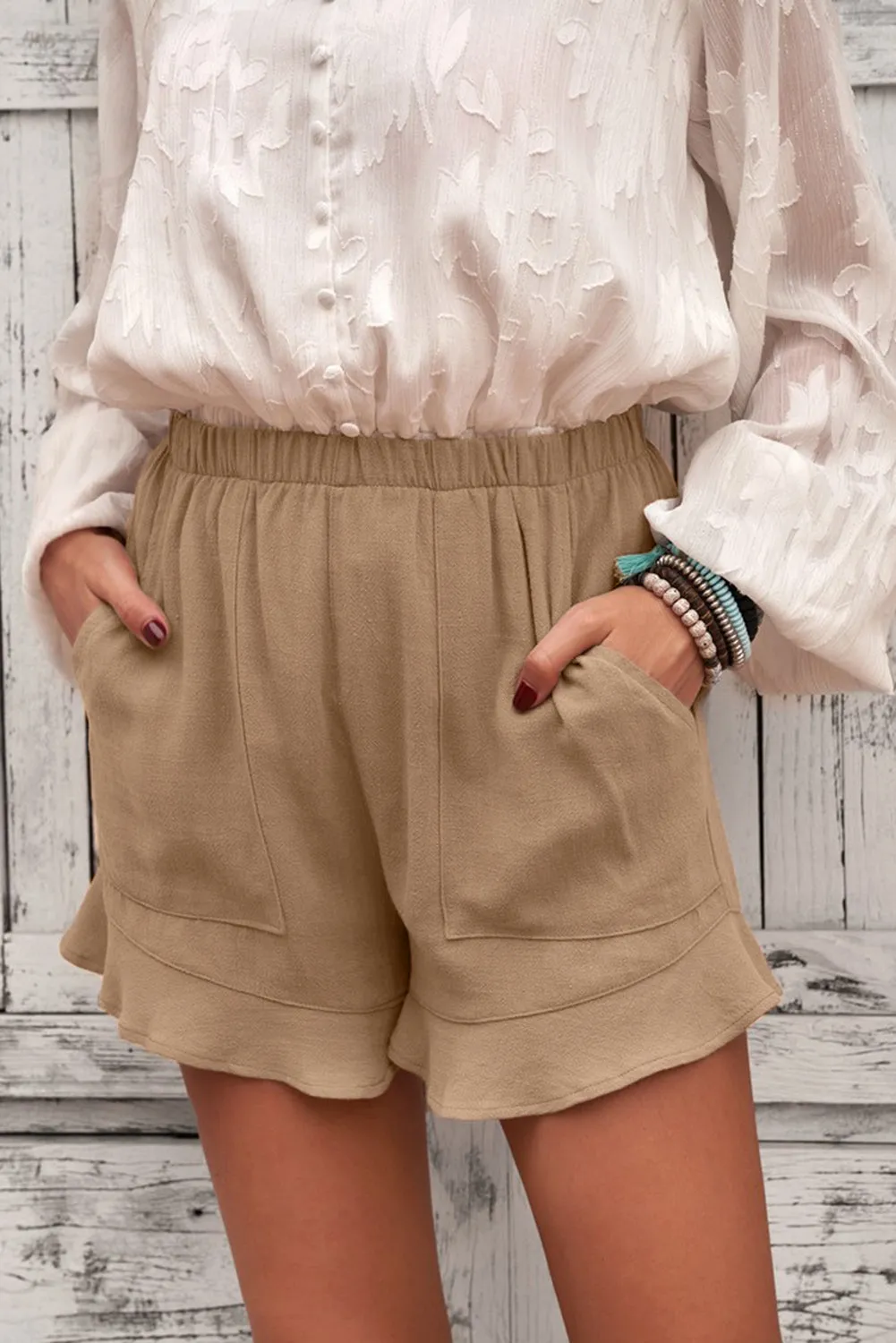 Women's Summer Khaki Pocketed Flutter Linen Cotton Shorts