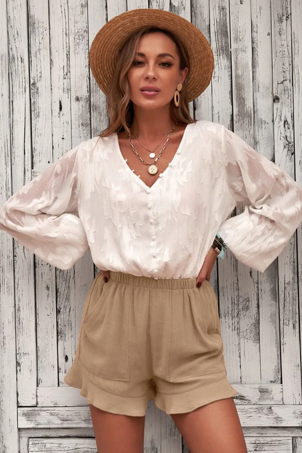 Women's Summer Khaki Pocketed Flutter Linen Cotton Shorts