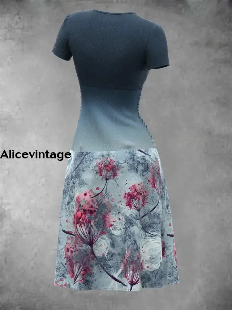 Women's Summer Vintage Floral Art Mosaic Midi Dress