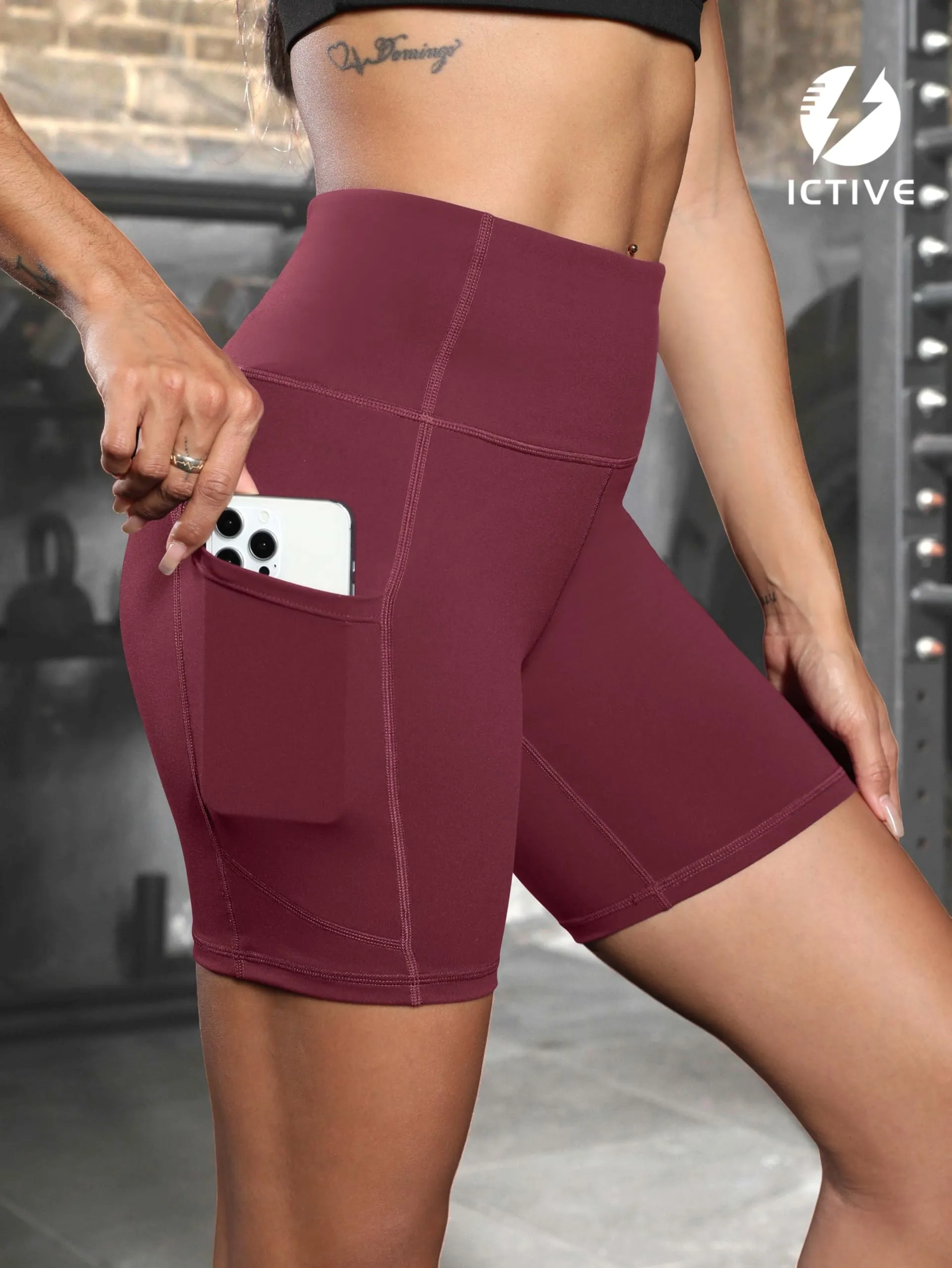 Women's Workout Running Shorts with Deep Pockets High Waisted Tummy Control Yoga Gym Spandex Biker Short Pants Burgundy S