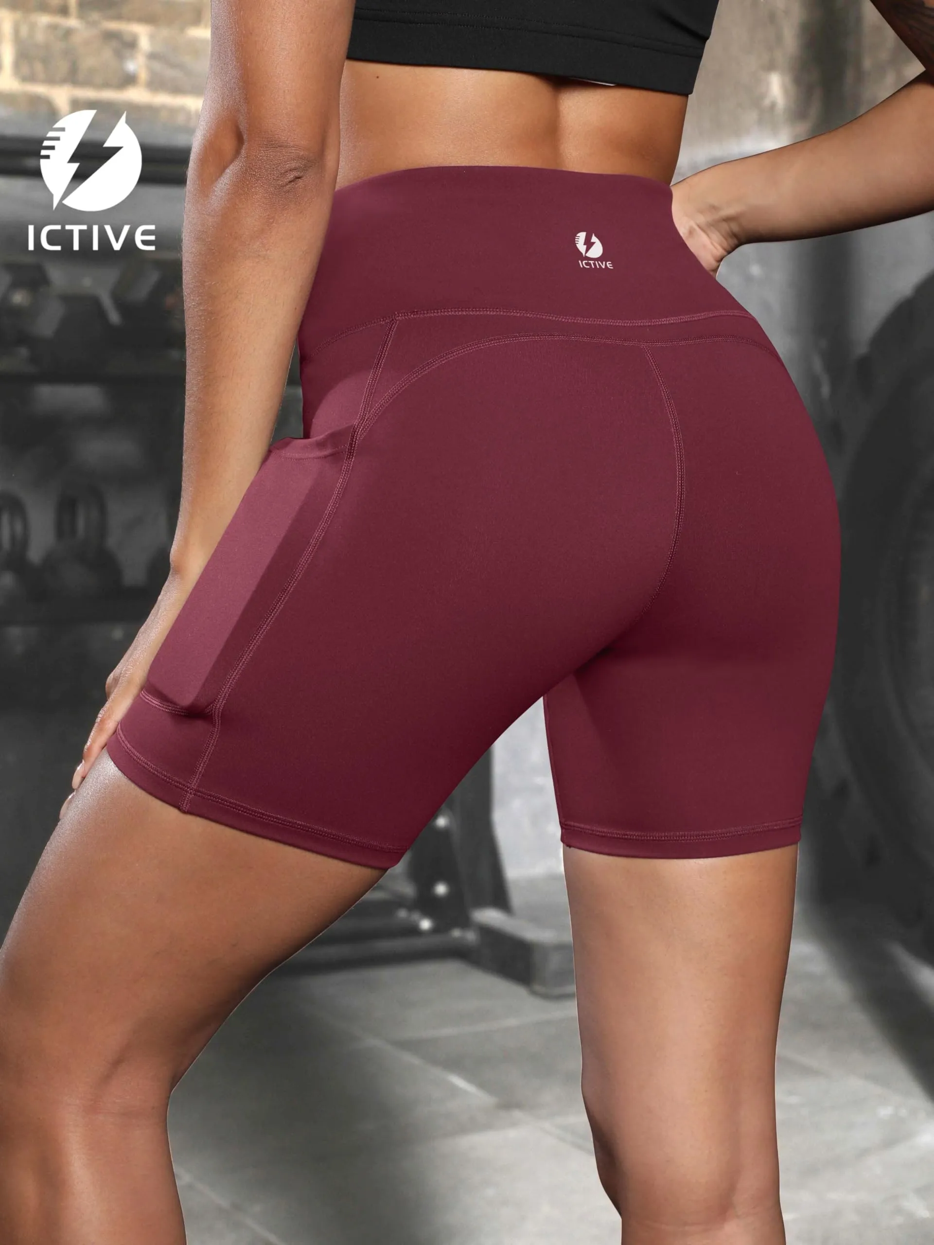 Women's Workout Running Shorts with Deep Pockets High Waisted Tummy Control Yoga Gym Spandex Biker Short Pants Burgundy S
