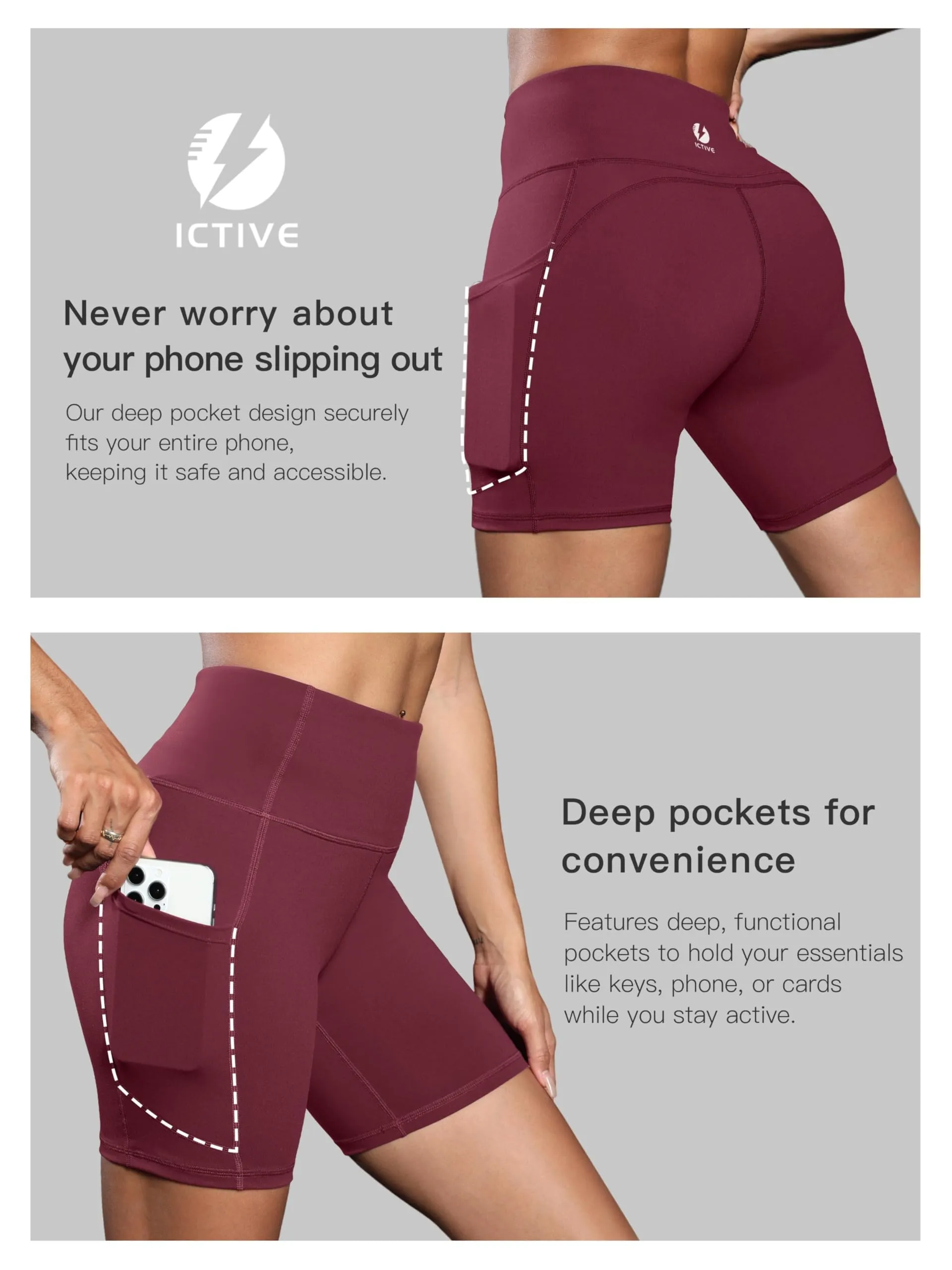 Women's Workout Running Shorts with Deep Pockets High Waisted Tummy Control Yoga Gym Spandex Biker Short Pants Burgundy S