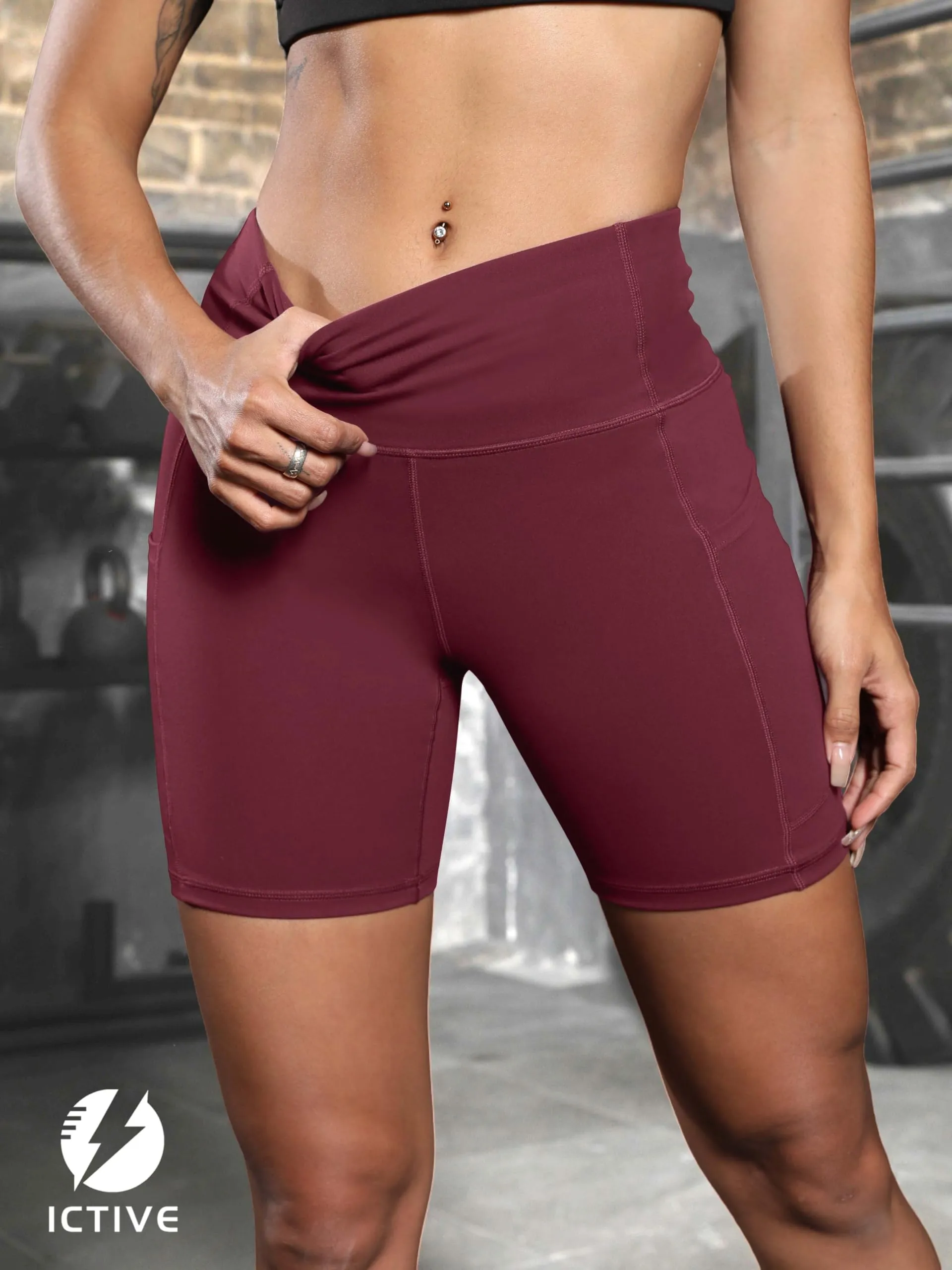 Women's Workout Running Shorts with Deep Pockets High Waisted Tummy Control Yoga Gym Spandex Biker Short Pants Burgundy S