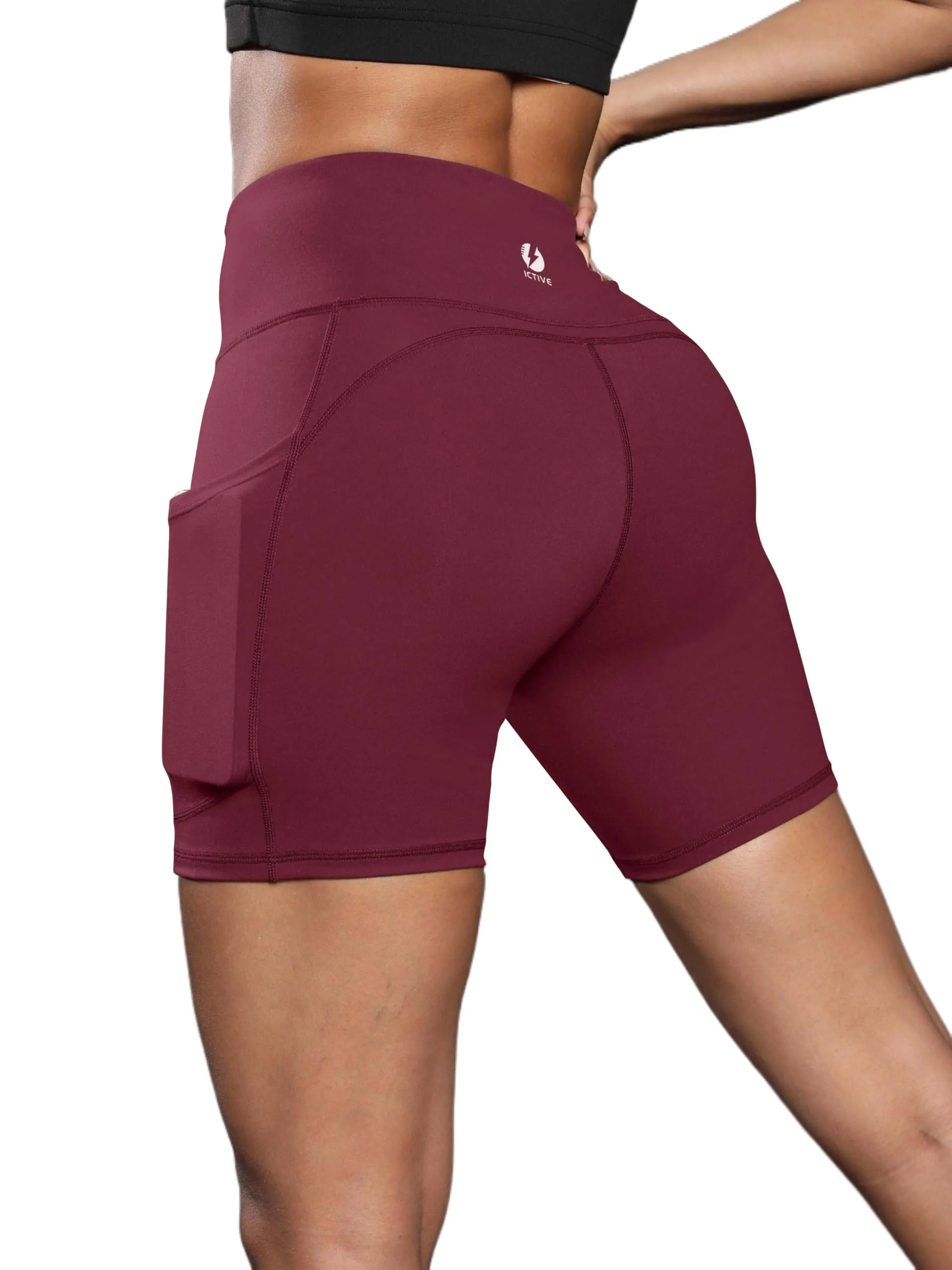 Women's Workout Running Shorts with Deep Pockets High Waisted Tummy Control Yoga Gym Spandex Biker Short Pants Burgundy S