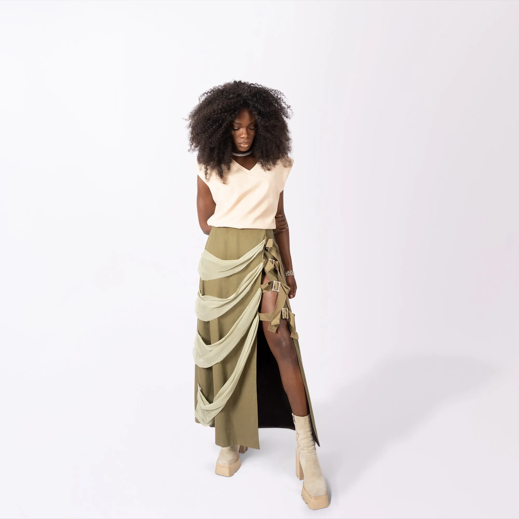 Wrap Cargo Skirt with Buckled Seam Split