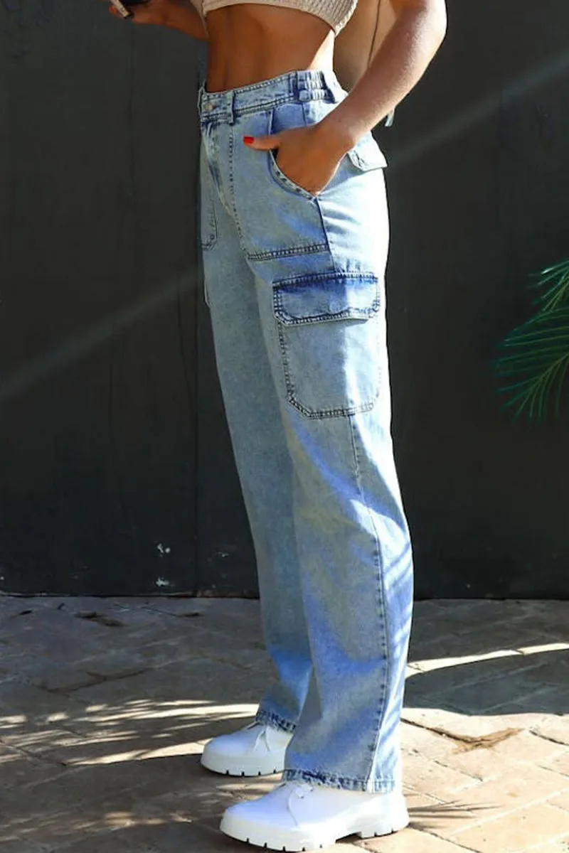 Xieyinshe Casual Street Solid Pocket Loose Denim Jeans