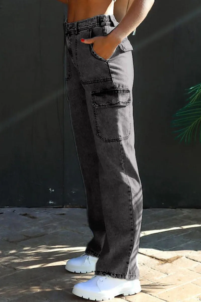 Xieyinshe Casual Street Solid Pocket Loose Denim Jeans