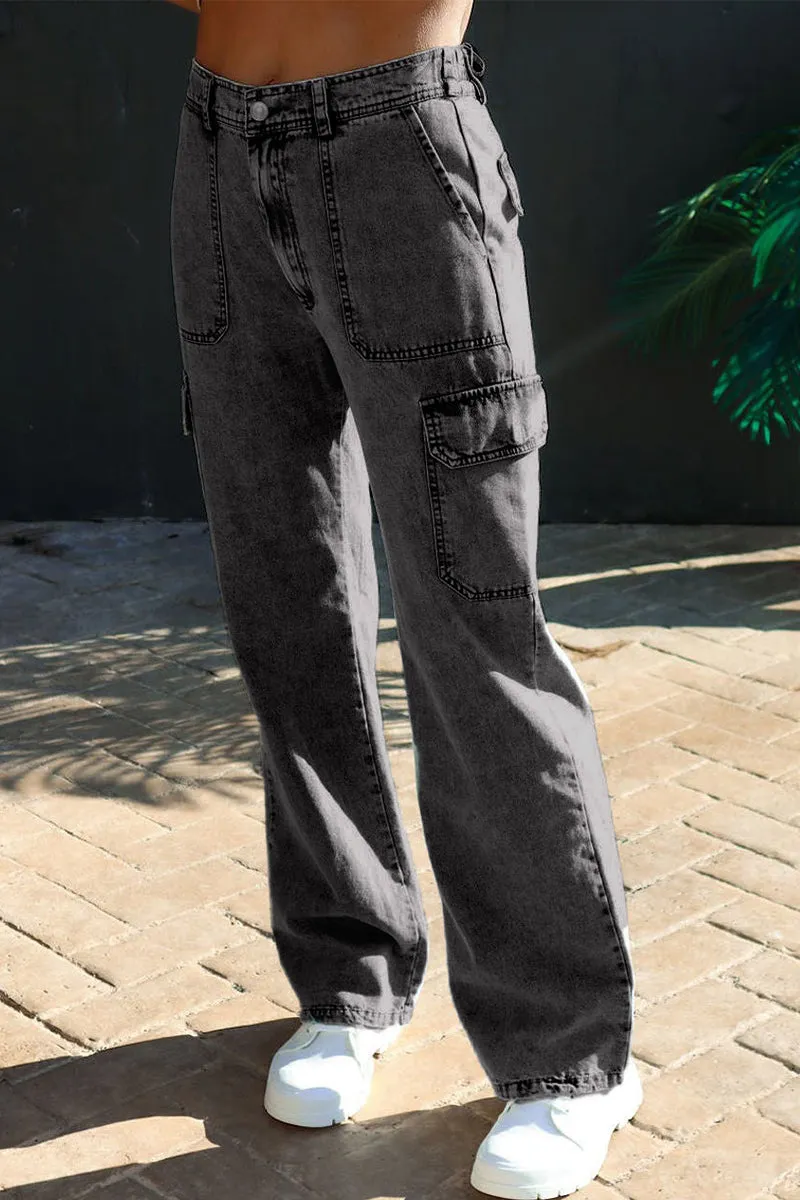 Xieyinshe Casual Street Solid Pocket Loose Denim Jeans