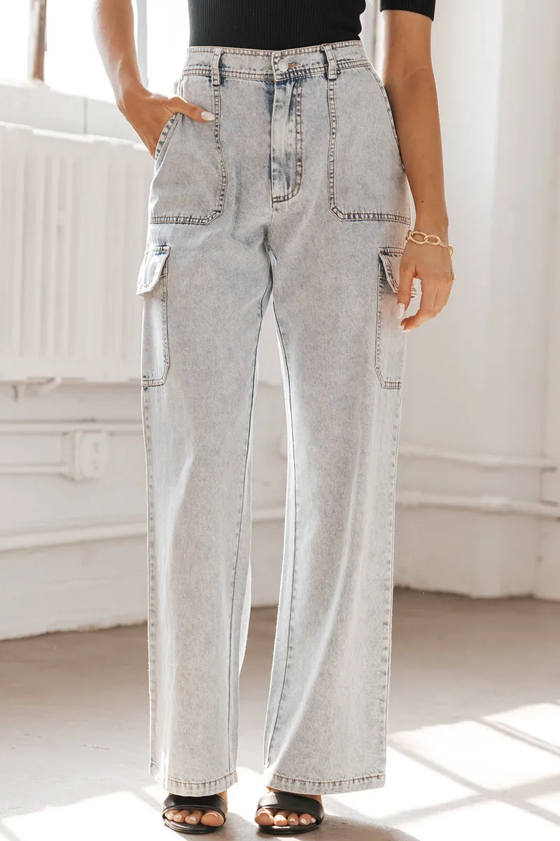Xieyinshe Casual Street Solid Pocket Loose Denim Jeans