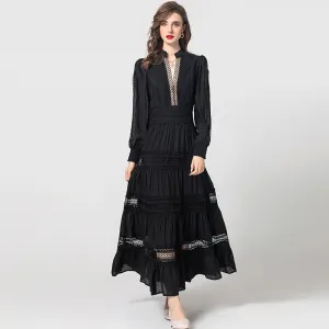 Yara  V-Neck Lantern Sleeve Hollow Out Black Vintage Dress