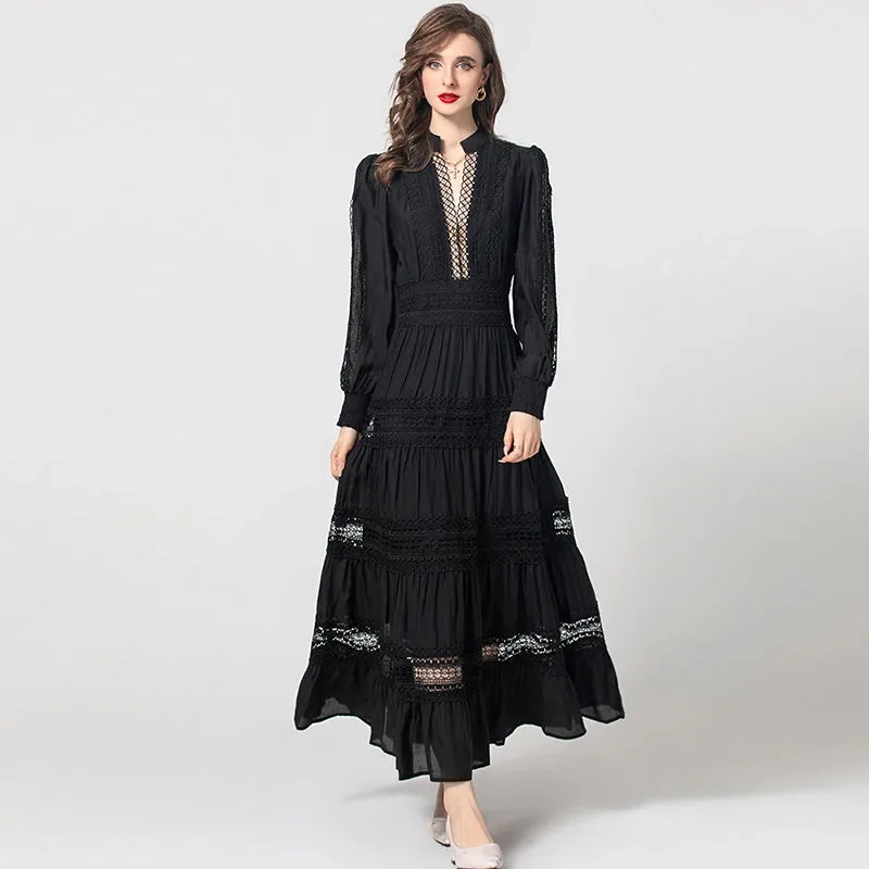 Yara  V-Neck Lantern Sleeve Hollow Out Black Vintage Dress