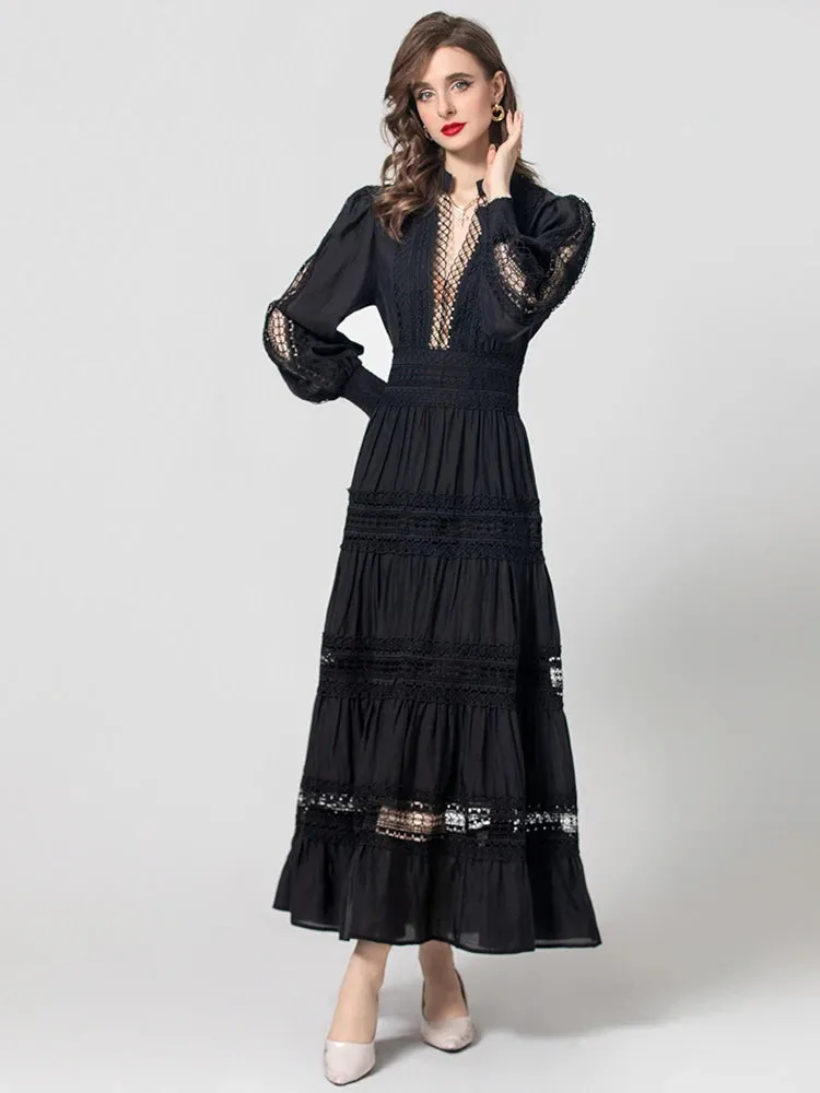 Yara  V-Neck Lantern Sleeve Hollow Out Black Vintage Dress