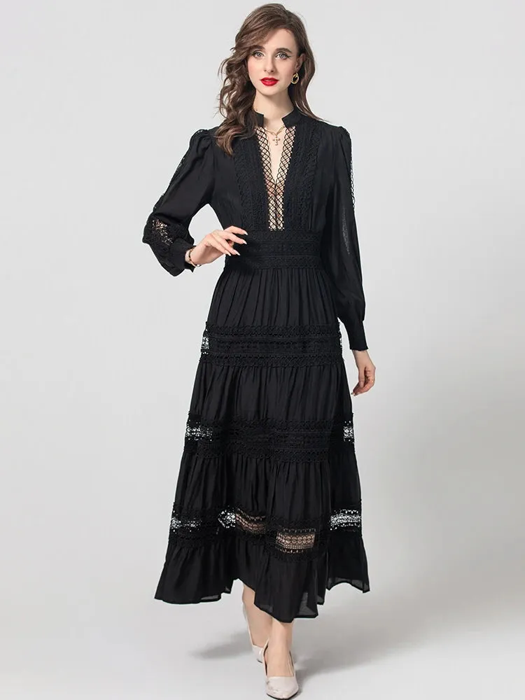 Yara  V-Neck Lantern Sleeve Hollow Out Black Vintage Dress