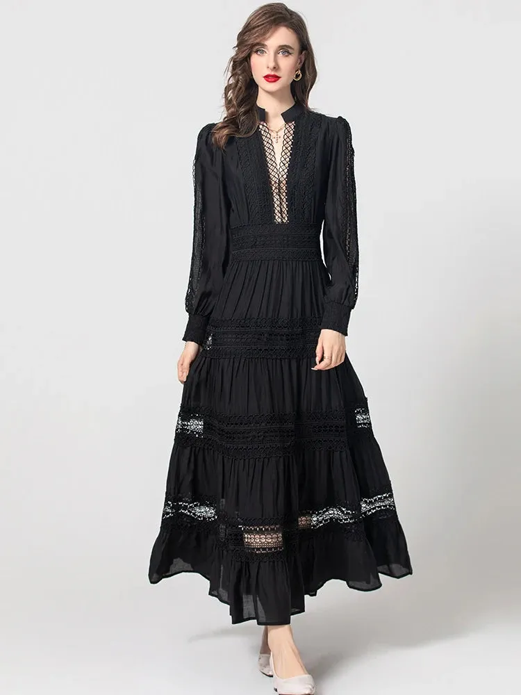 Yara  V-Neck Lantern Sleeve Hollow Out Black Vintage Dress
