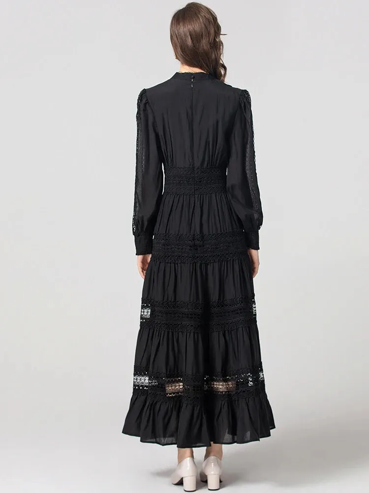 Yara  V-Neck Lantern Sleeve Hollow Out Black Vintage Dress