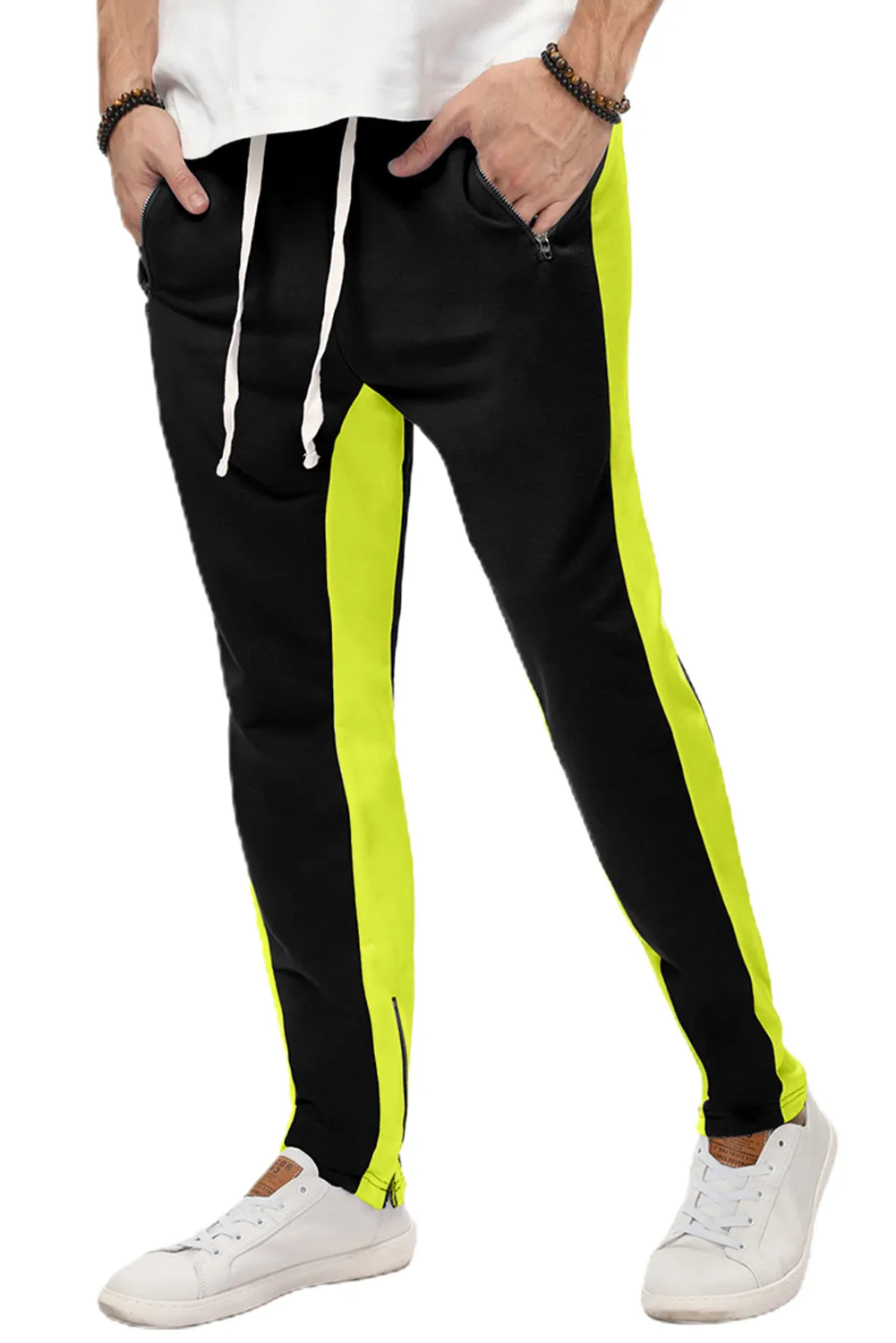 Yellow Colorblock Patchwork Zipper Casual Mens Joggers